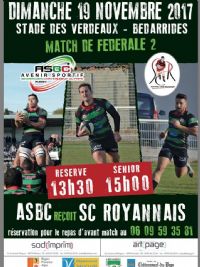 Rugby à XV: ASBC - S.C.ROYANNAIS. Le dimanche 19 novembre 2017 à Bédarrides. Vaucluse.  13H30
